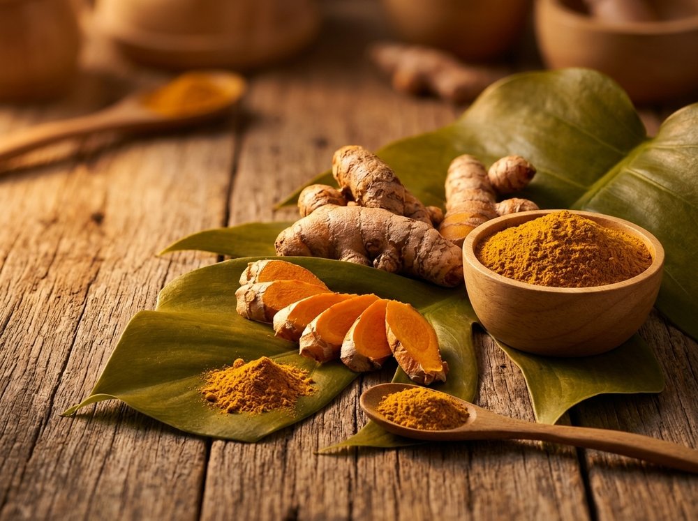 Raíz de cúrcuma fresca, rodajas y cúrcuma en polvo sobre una mesa de madera