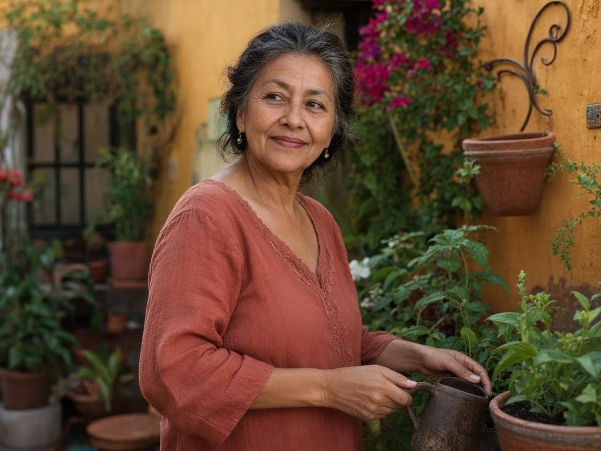 Lucía regando sus plantas en el patio de su casa