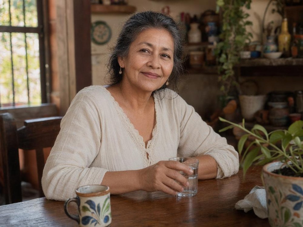 Lucía, una mujer mexicana de 62 años, sentada en la cocina de su casa